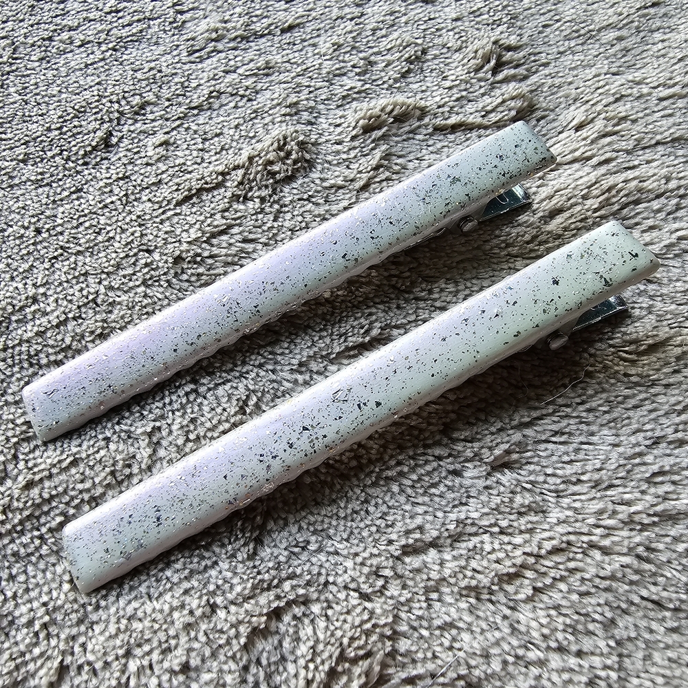 2 Hair Clips Holo Glitter Pearl White Accessories Barrettes Hand Painted Indie